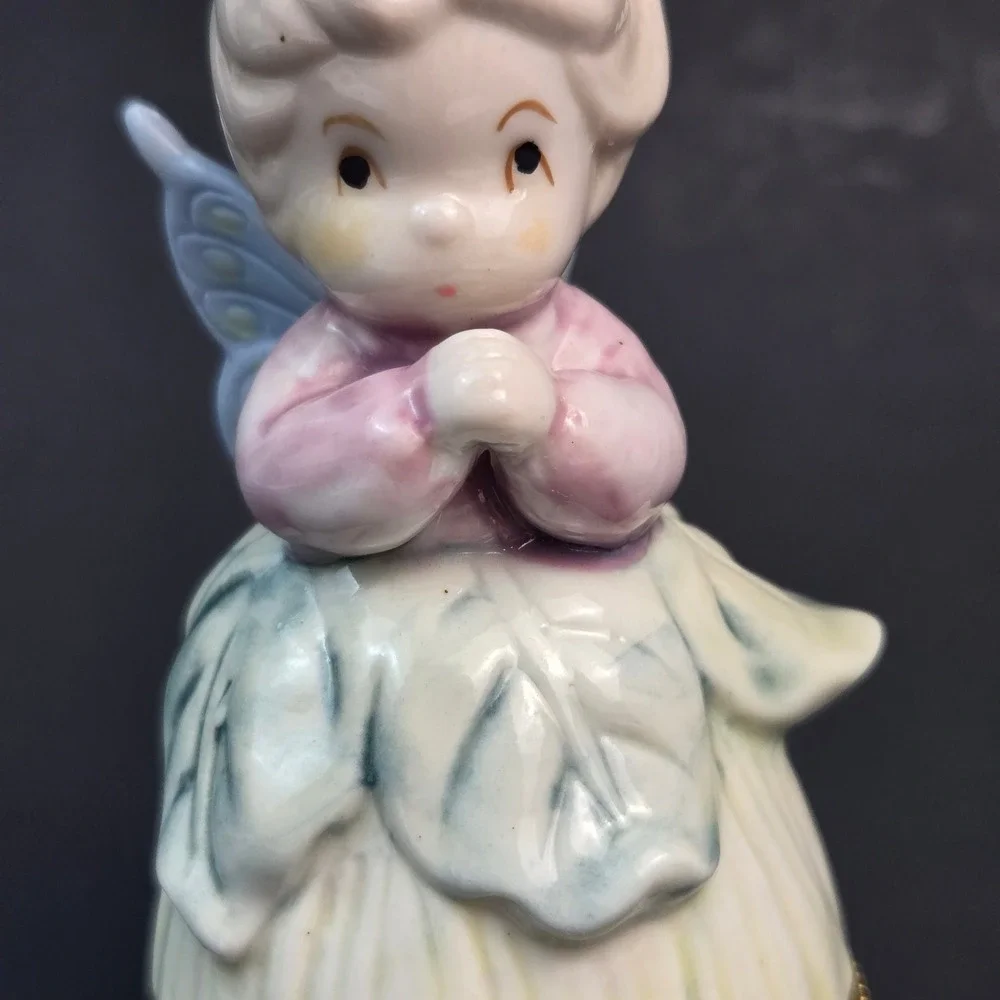 Vintage Porcelain Fairy Hinged Trinket Box Pastel Angel Figurine Gold Tone Clasp
